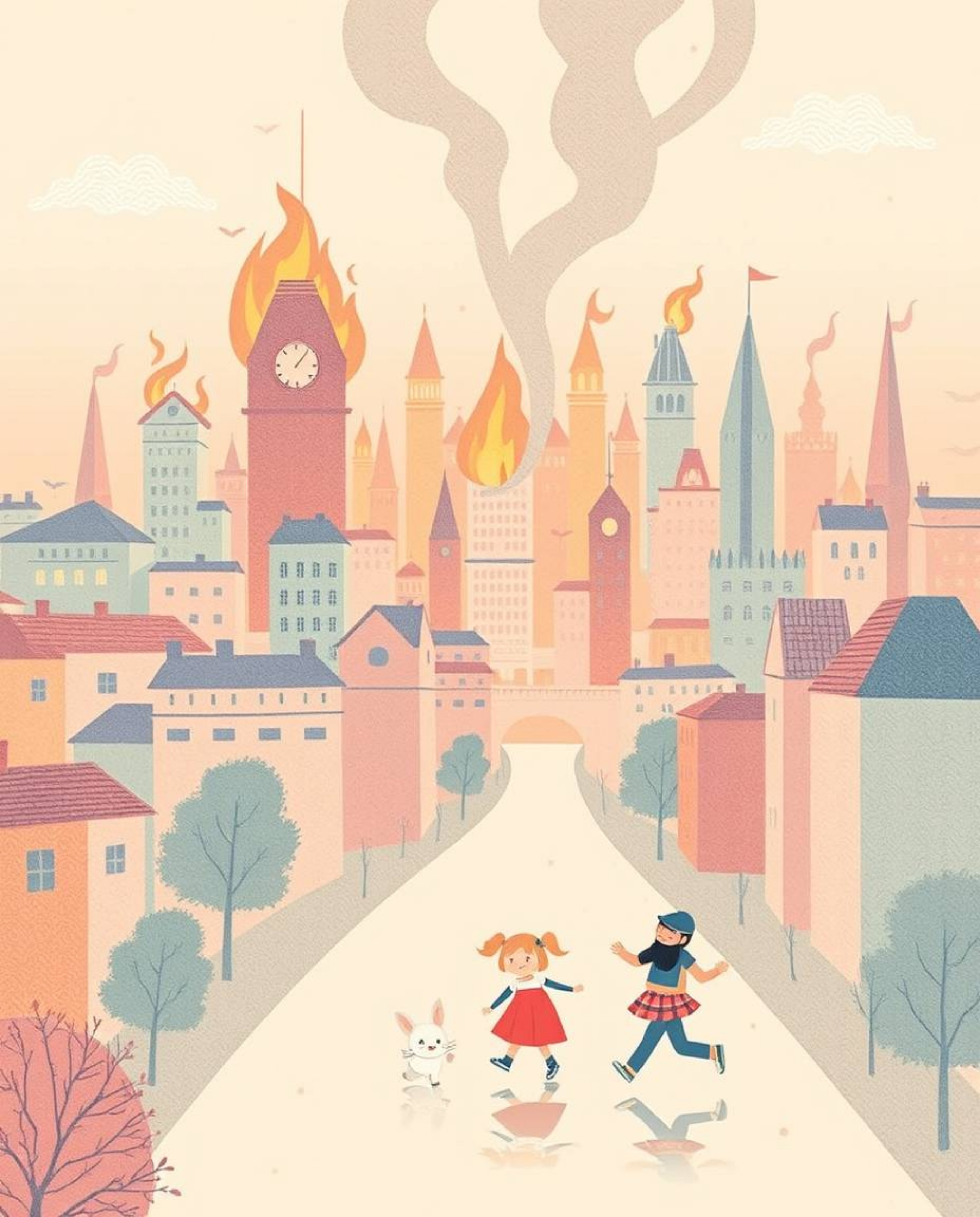 This artwork depicts a captivating yet unsettling scene: a city engulfed in flames rendered in a soft pastel style. Adorable