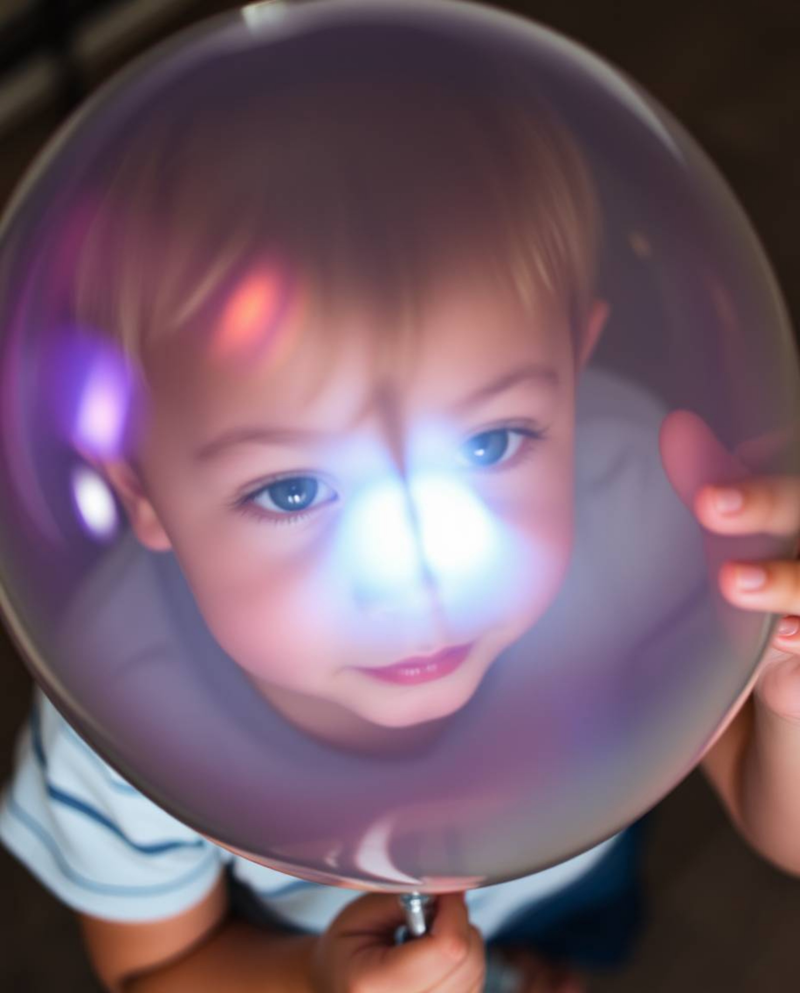 A captivating image of a child with fair skin gently holding a mesmerizing iridescent balloon.  The high-angle perspective be