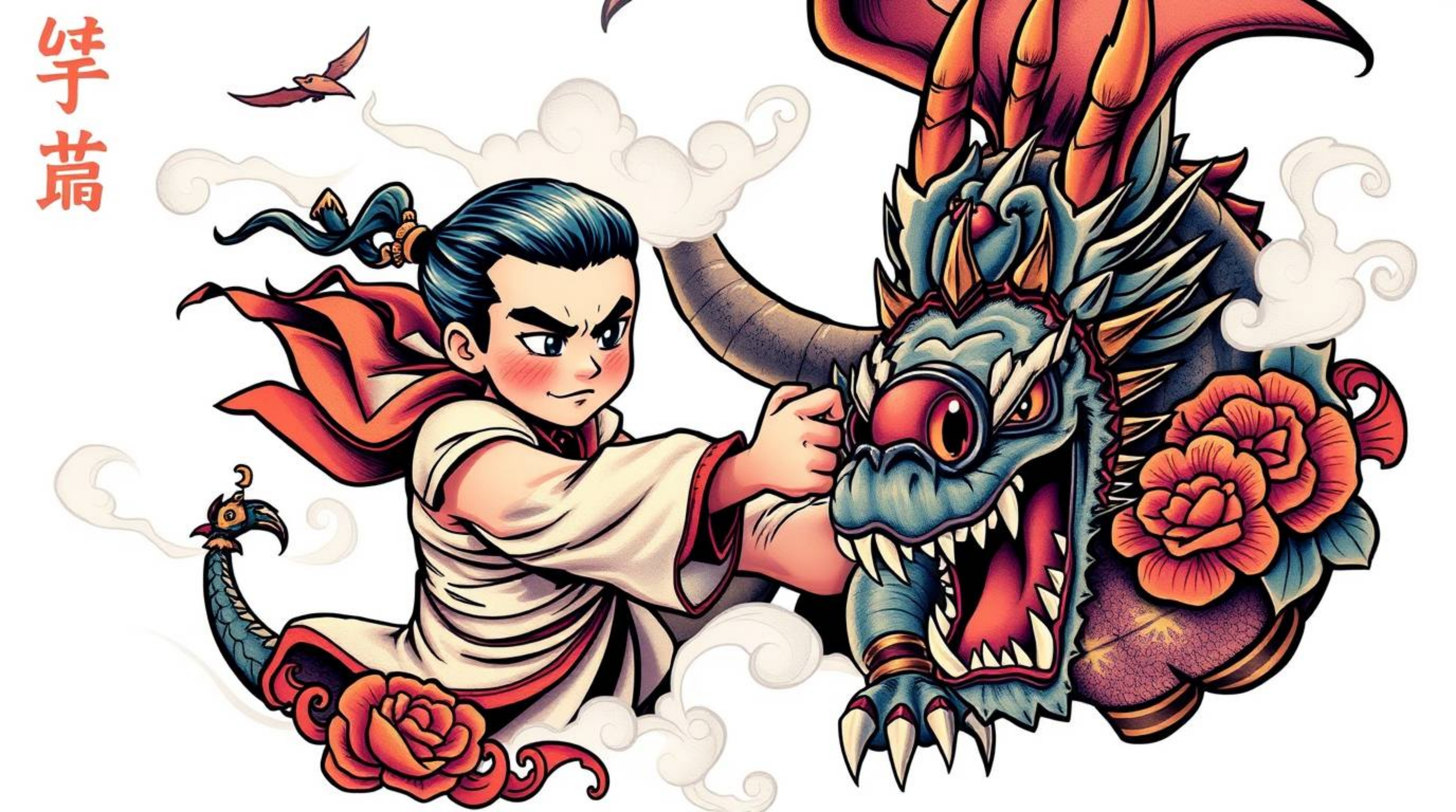 This artwork features a traditional tattoo-style print showcasing a charming prince with fair skin, bravely battling a dragon