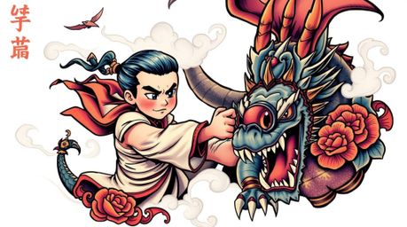 This artwork features a traditional tattoo-style print showcasing a charming prince with fair skin, bravely battling a dragon