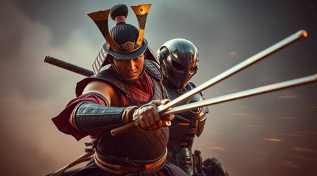 Explore the captivating world of long exposure photography where a bronze-skinned samurai with determined features confronts 