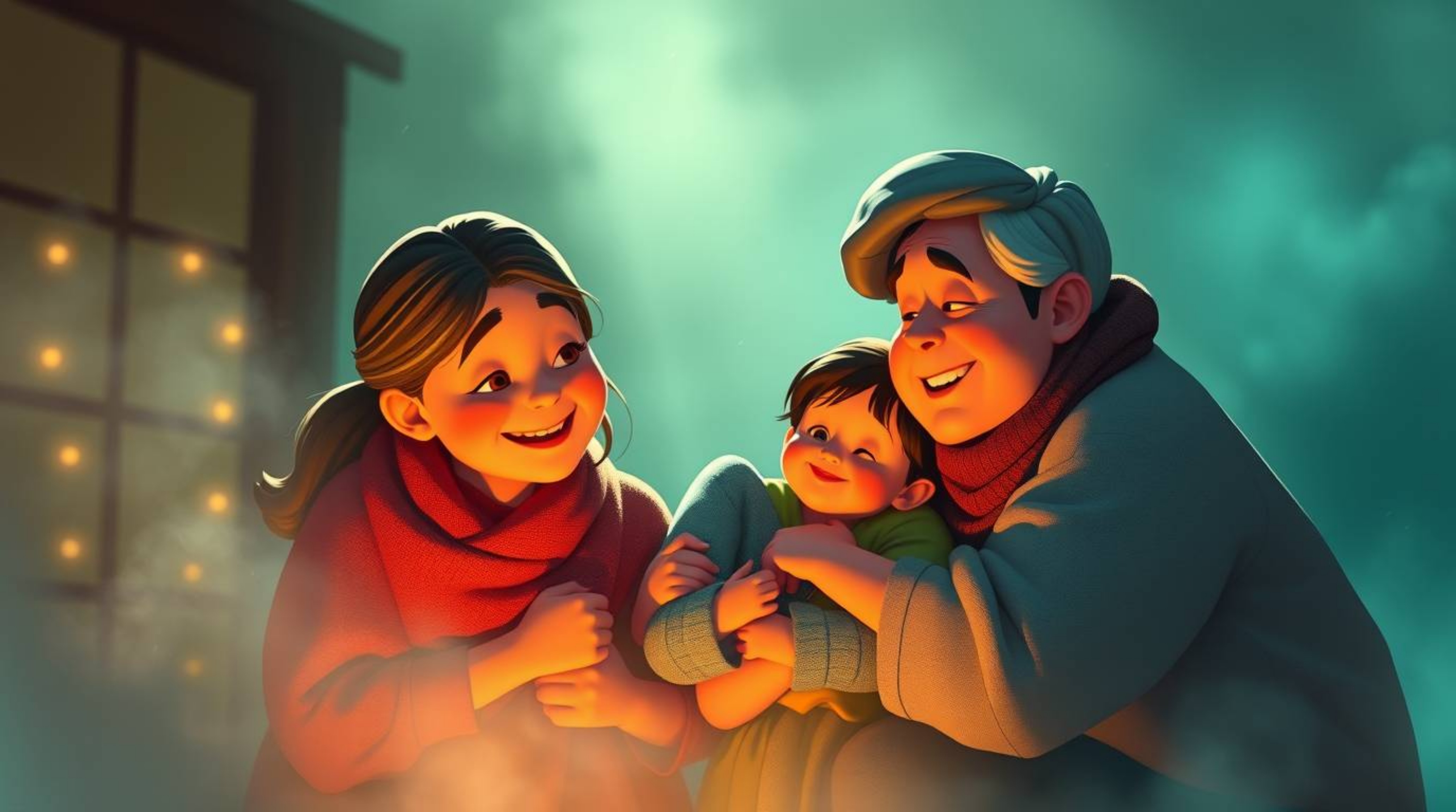 Experience a heartwarming family reunion captured in a stunning Pixar-style illustration. The scene is bathed in volumetric l