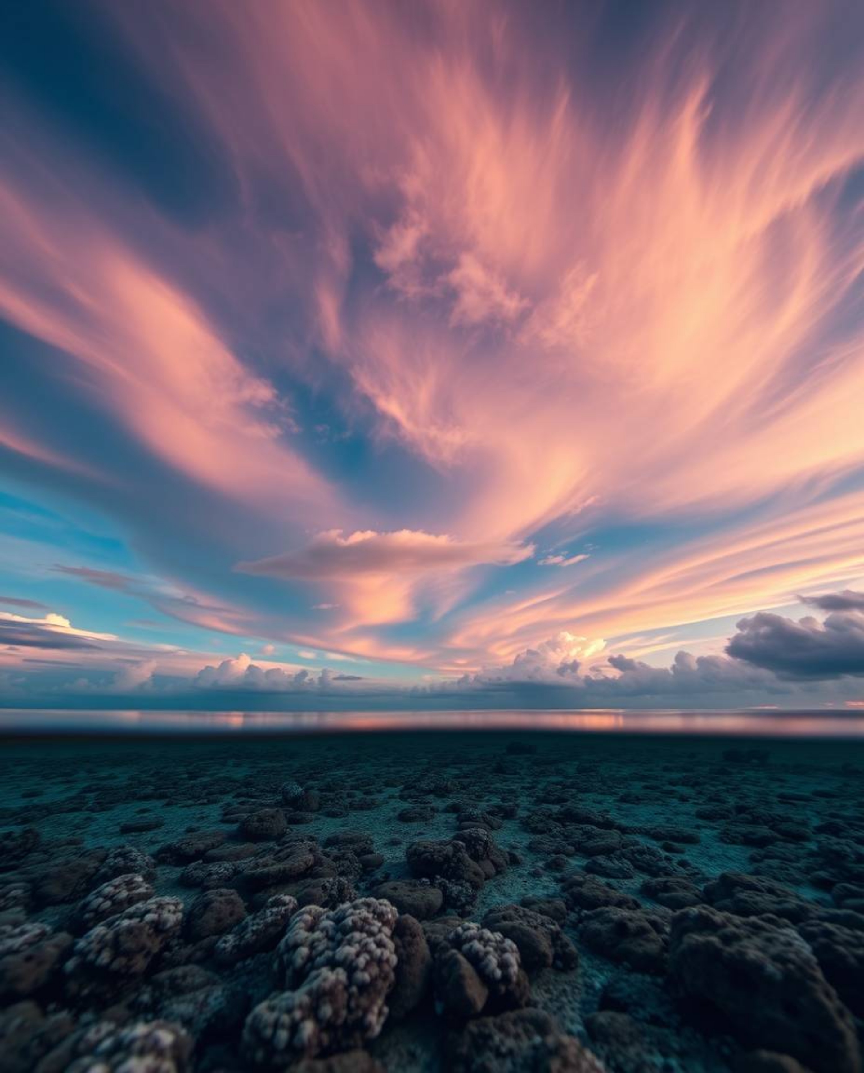 A professional, low-angle photograph captures a colorful sky over a coral reef at low tide. This shot is defined by its drama
