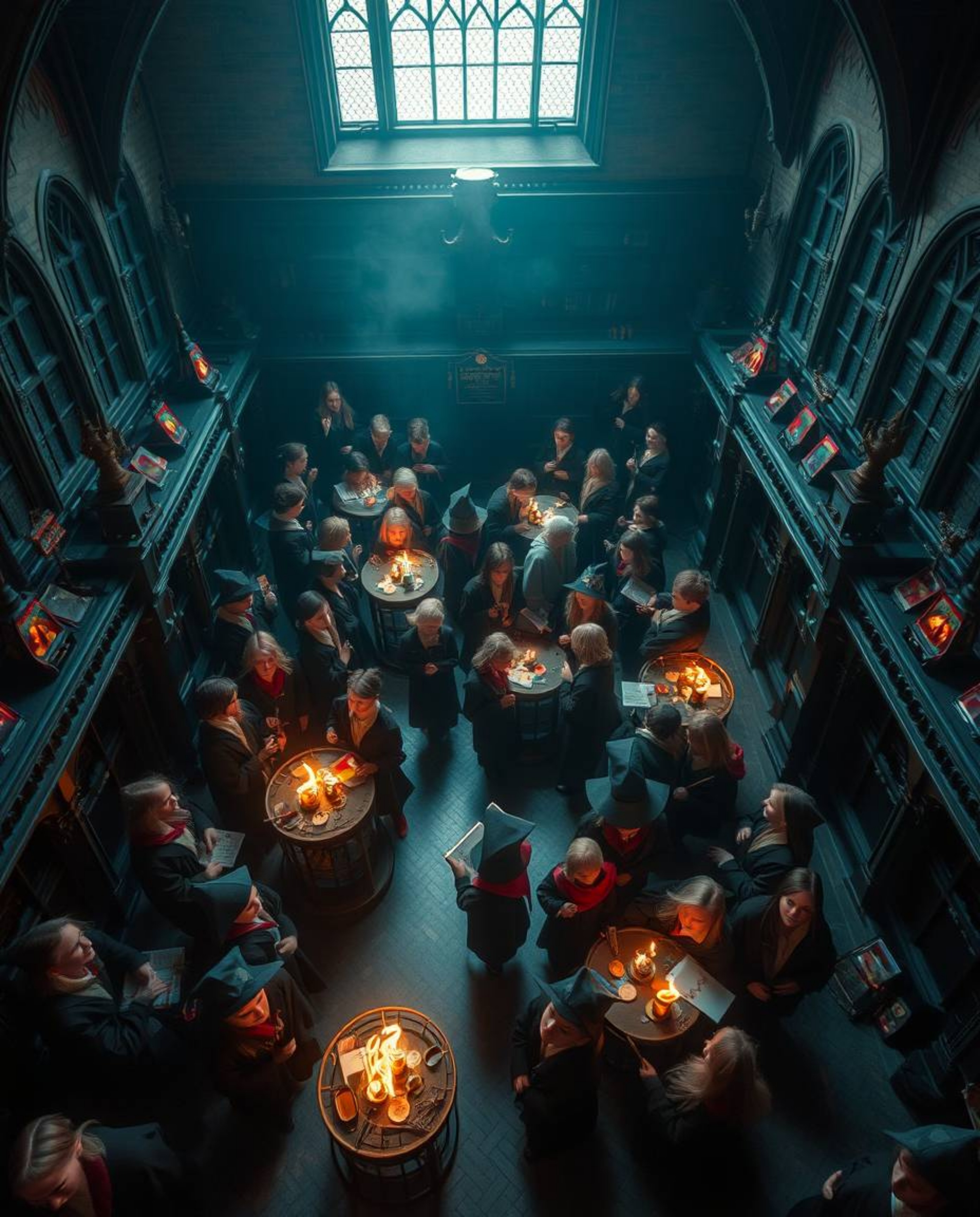 A stunning professional overhead bird's eye view photograph captures a magical school teeming with young wizards. The image i