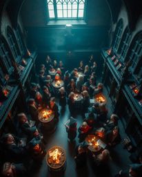 A stunning professional overhead bird's eye view photograph captures a magical school teeming with young wizards. The image i