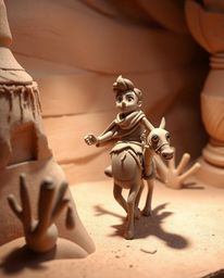 A captivating clay sculpture depicts a brave hero embarking on a Disney-style desert adventure.  The artwork showcases expert