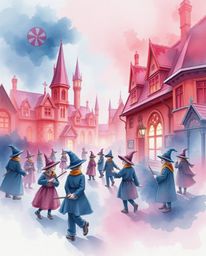 A delicate watercolor painting depicting a magical school filled with young wizards, rendered in surreal infrared tones. Tran