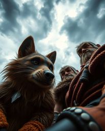 Embark on a dramatic adventure with a hero aided by a talking animal sidekick, featuring wild fur and intense eyes. This low-