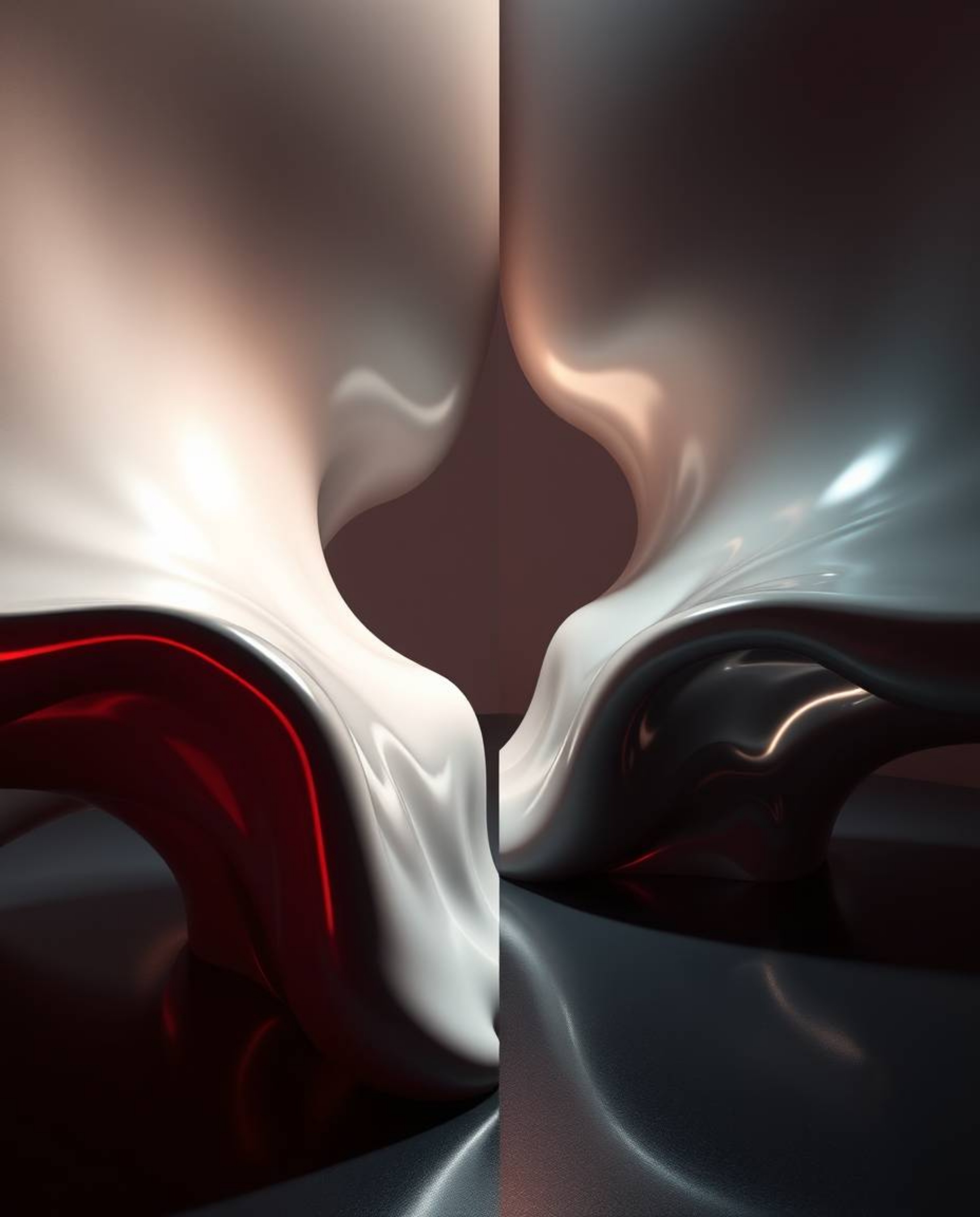 Experience the captivating visual tension of intense dramatic lighting splitting sculptural 3D fluid mercury shapes with refl