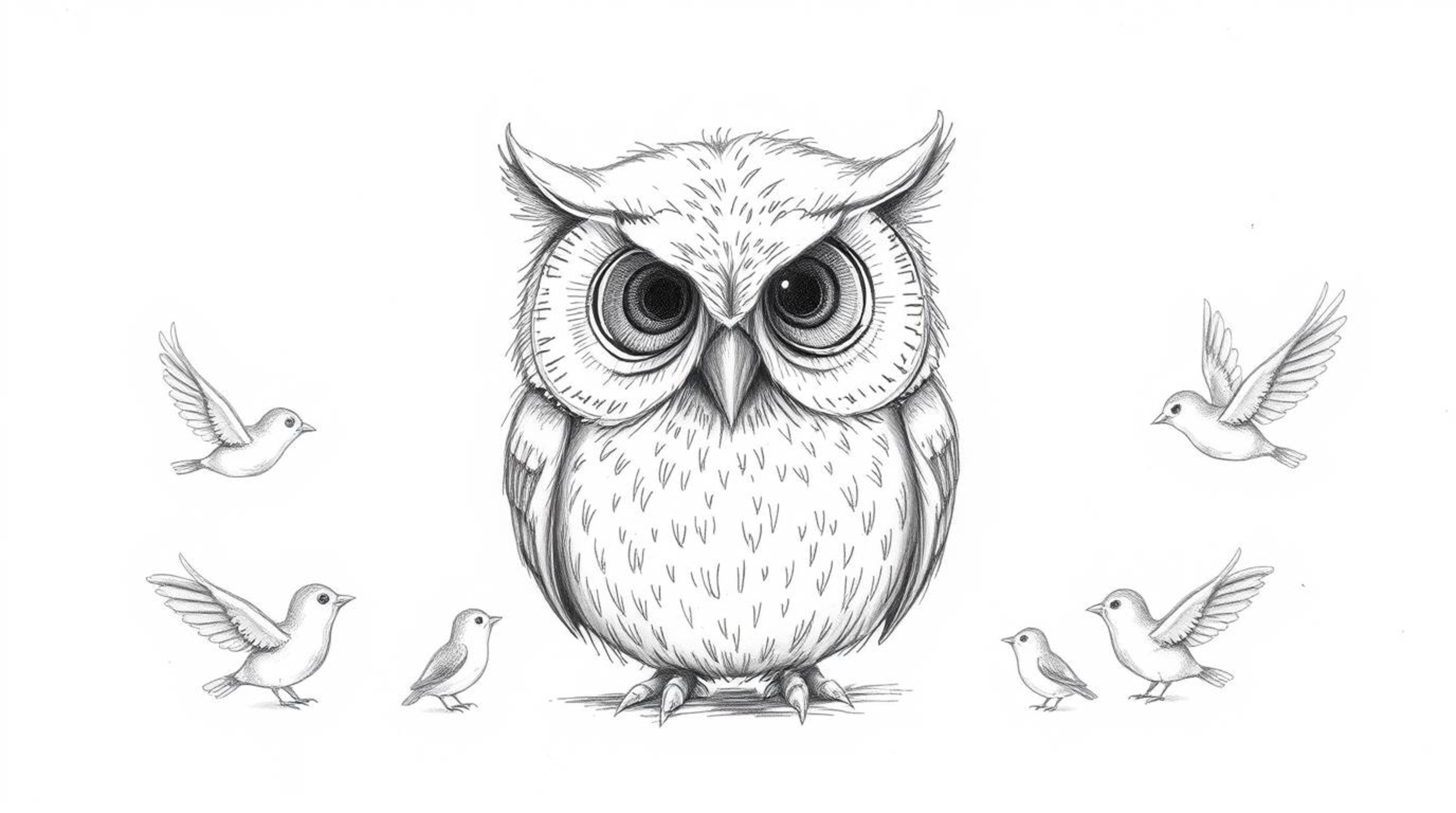 A charming and slightly whimsical Pixar-esque pencil sketch depicts a wise and calm blind owl surrounded by small birds. Thes