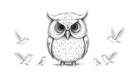 A charming and slightly whimsical Pixar-esque pencil sketch depicts a wise and calm blind owl surrounded by small birds. Thes