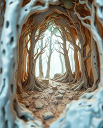 A captivating high-angle shot reveals a layered papier-mâché sculpture portraying a forest scene disrupted by a digital glitc