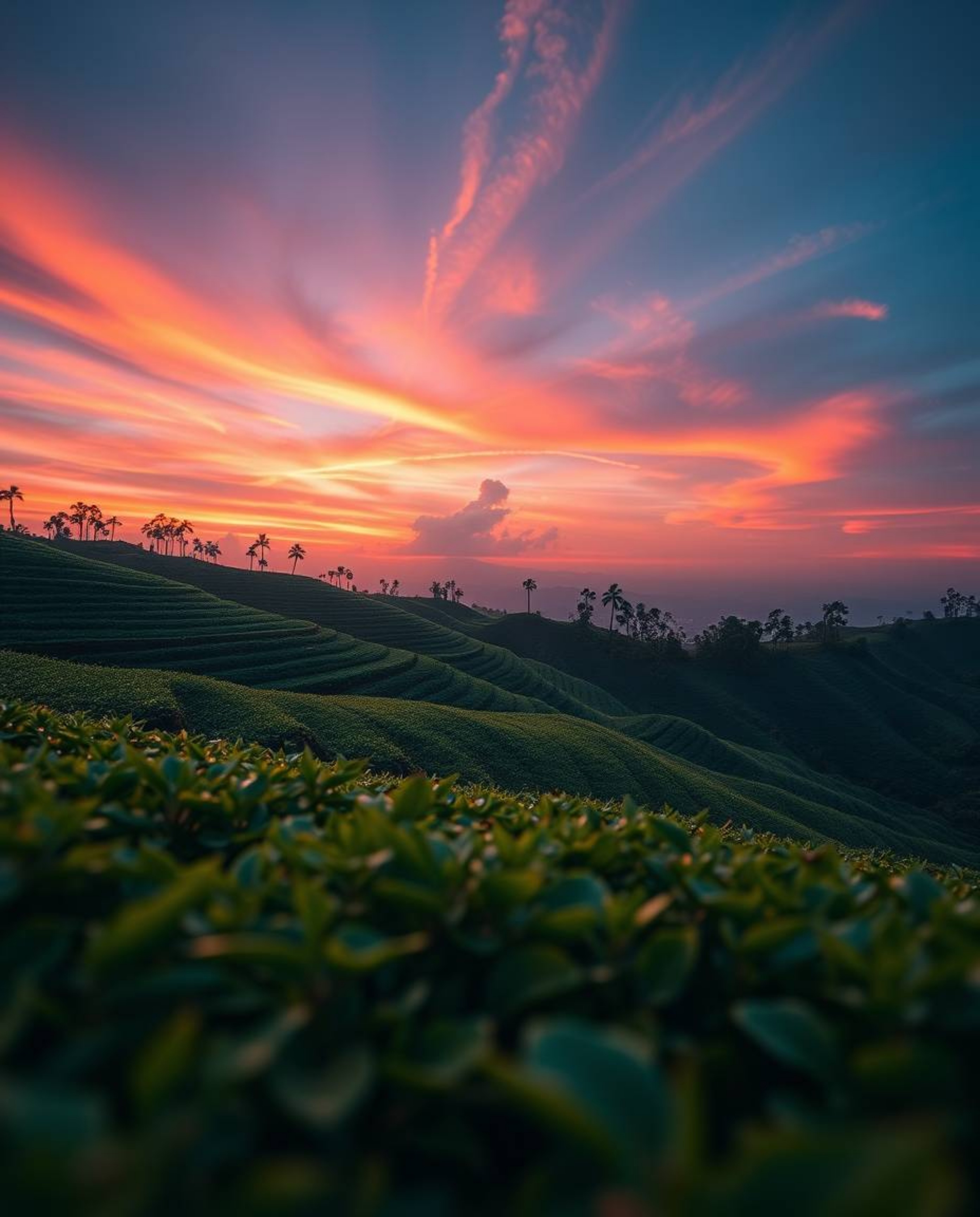An extreme macro close-up showcasing a luxurious and vibrant sunset over terraced tea plantations in rich, deep teal. This ph