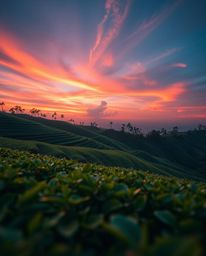 An extreme macro close-up showcasing a luxurious and vibrant sunset over terraced tea plantations in rich, deep teal. This ph