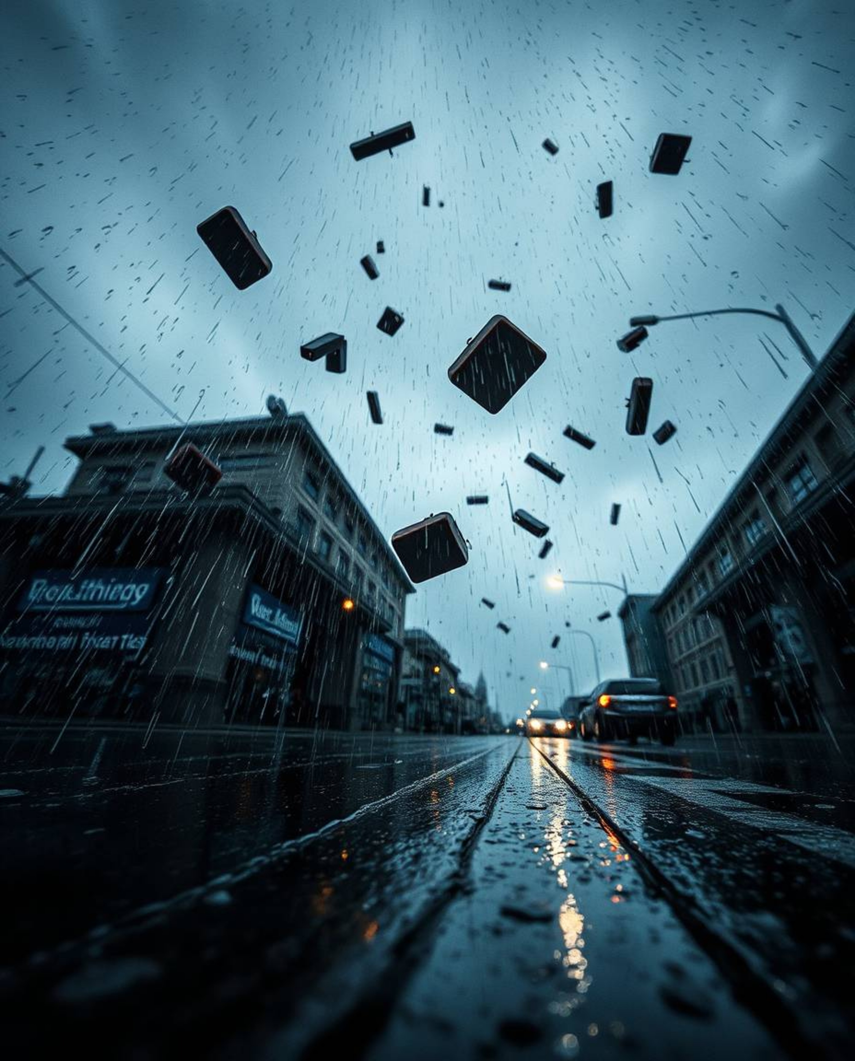 Experience a low-angle perspective of a surreal and dramatic storm, captured in a wet, rainy scene. Objects fly amidst broken