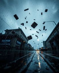 Experience a low-angle perspective of a surreal and dramatic storm, captured in a wet, rainy scene. Objects fly amidst broken