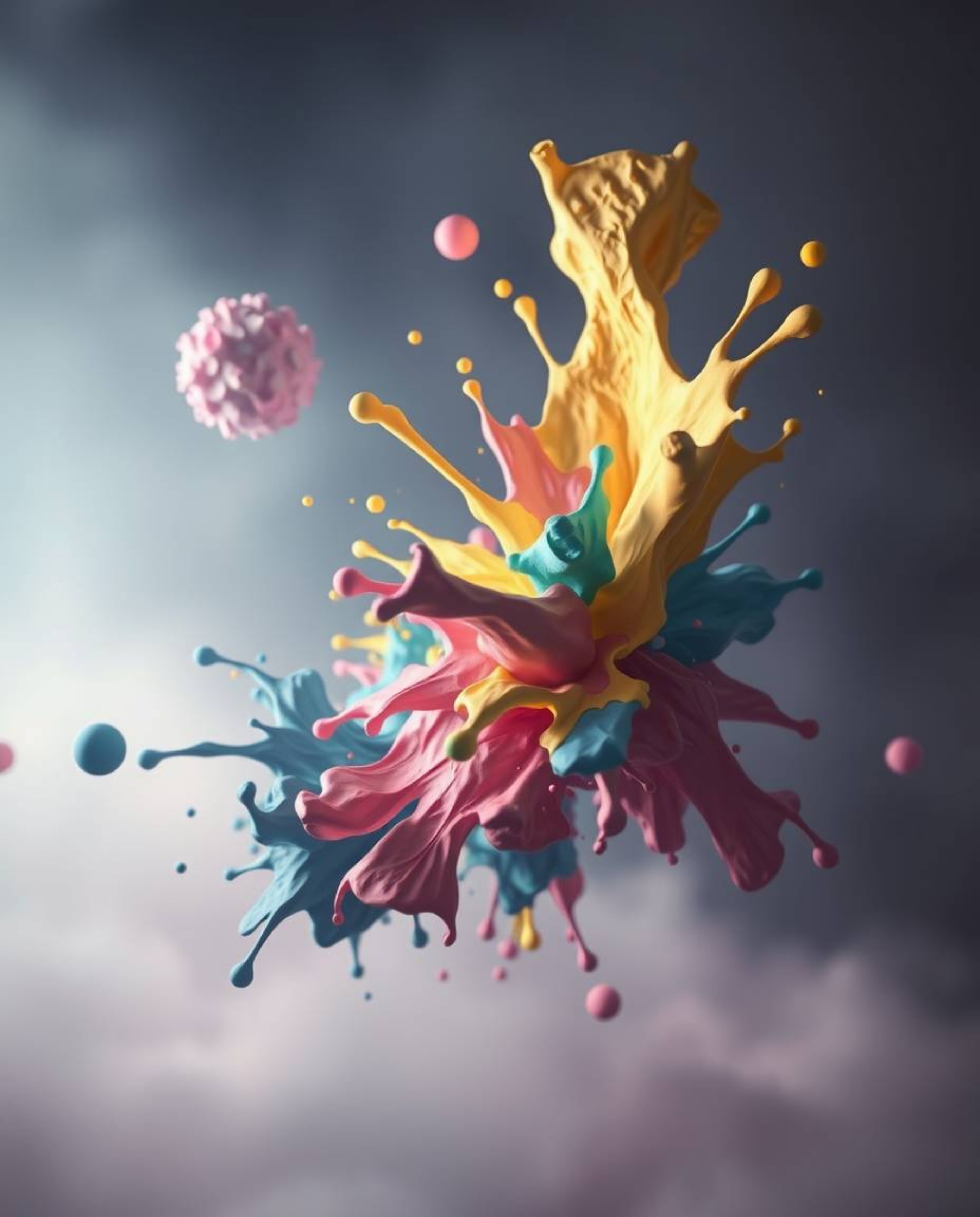 Explore a mesmerizing realm of surreal digital art featuring abstract 3D colorful splash shapes suspended in the vastness of 