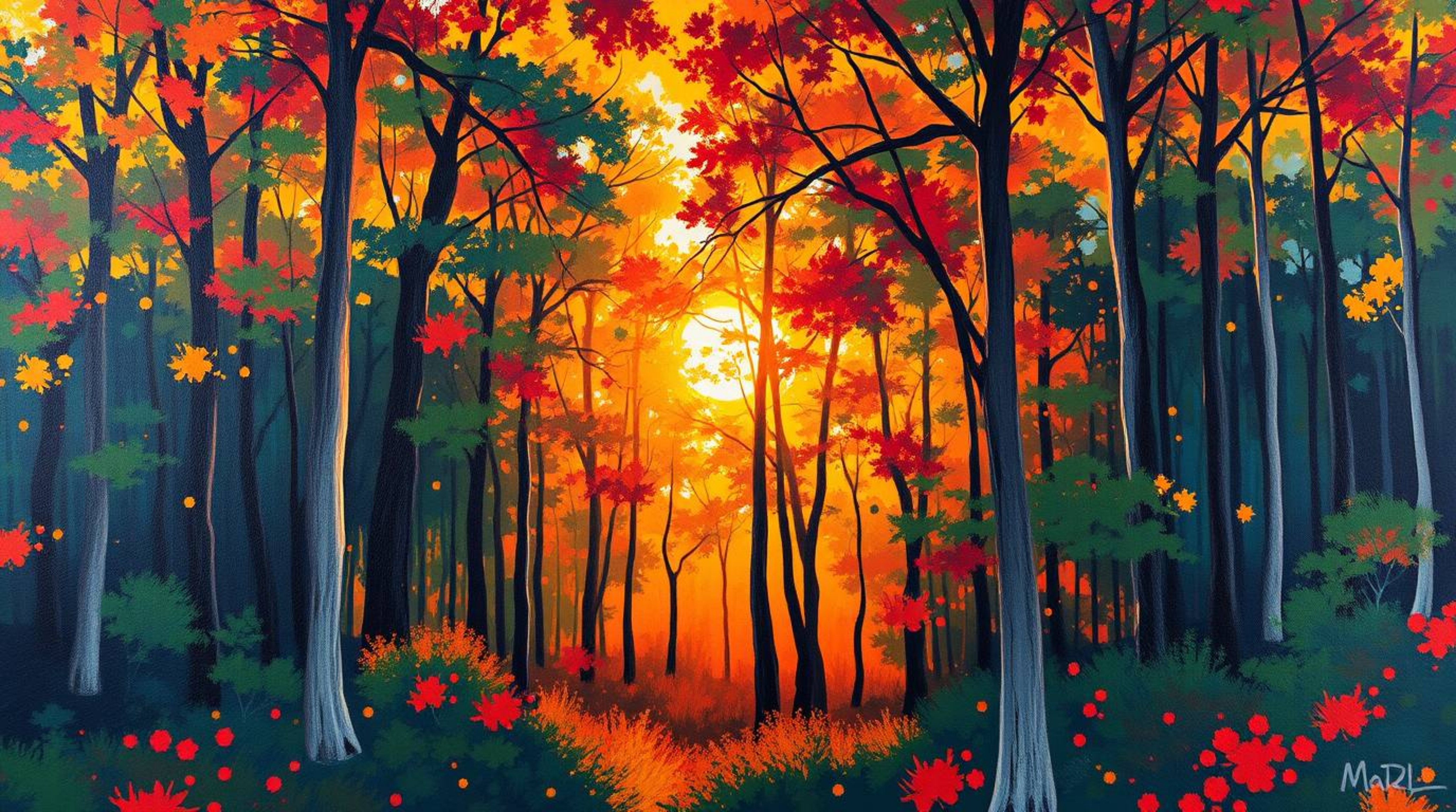 Experience the captivating beauty of a bold acrylic painting depicting sunset light filtering through a dense forest.  Vibran