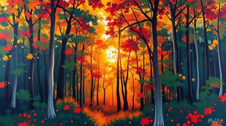 Experience the captivating beauty of a bold acrylic painting depicting sunset light filtering through a dense forest.  Vibran