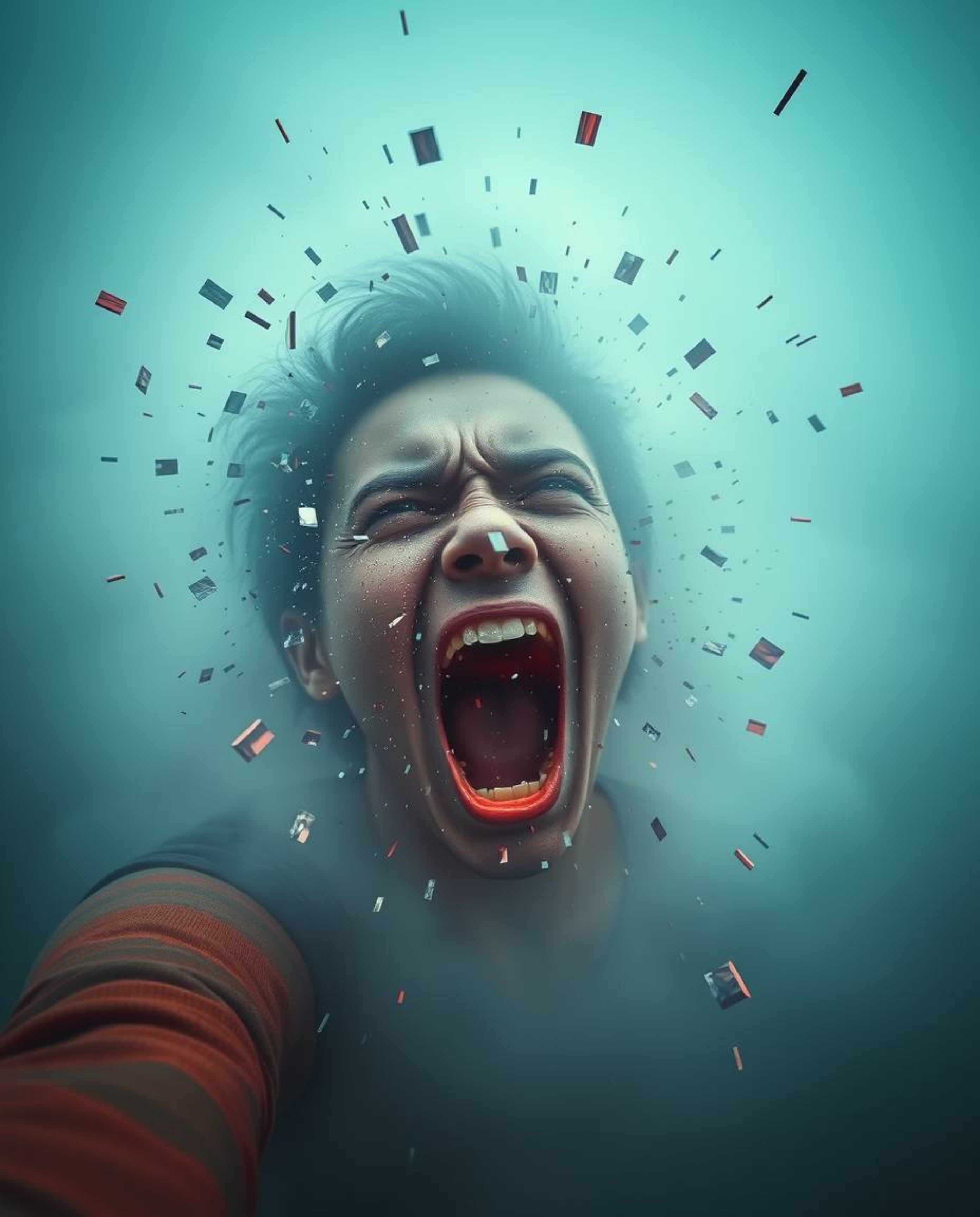 A high-angle shot depicts a person screaming in anguish as their world disintegrates into a pixelated mess within a thick, fo