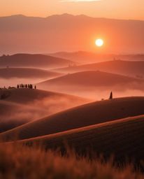 This is a tight close-up shot of a sunset over the misty, rolling hills of Tuscany, showcasing a detailed focus on the landsc