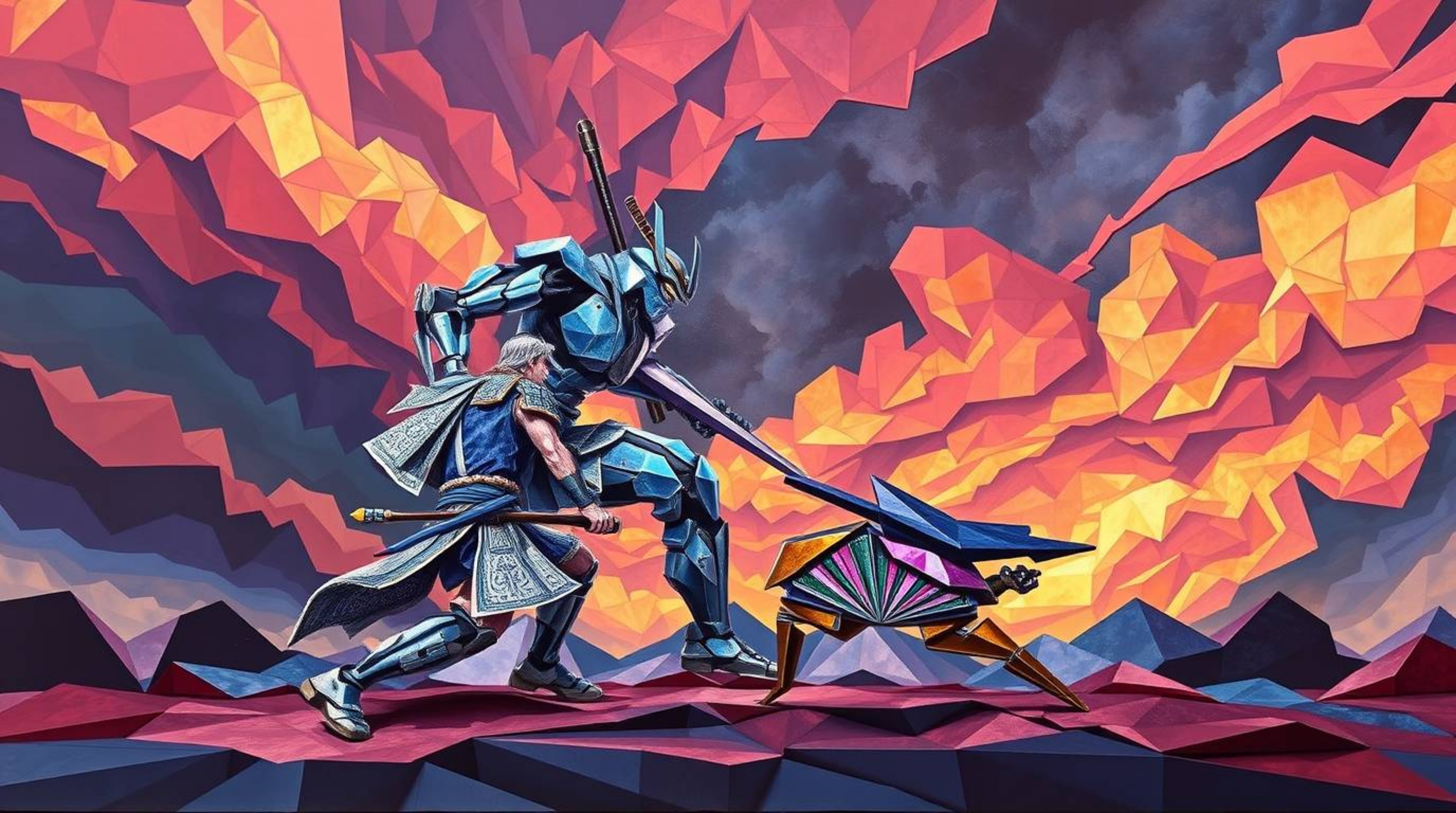 A captivating piece of origami art depicts an intense battle between a samurai and a robot under a dramatic, stormy sky. Irid