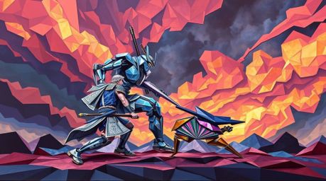 A captivating piece of origami art depicts an intense battle between a samurai and a robot under a dramatic, stormy sky. Irid