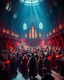 This grand and epic scene captures a magical school teeming with young wizards, illuminated by strong, hard light in rich bur