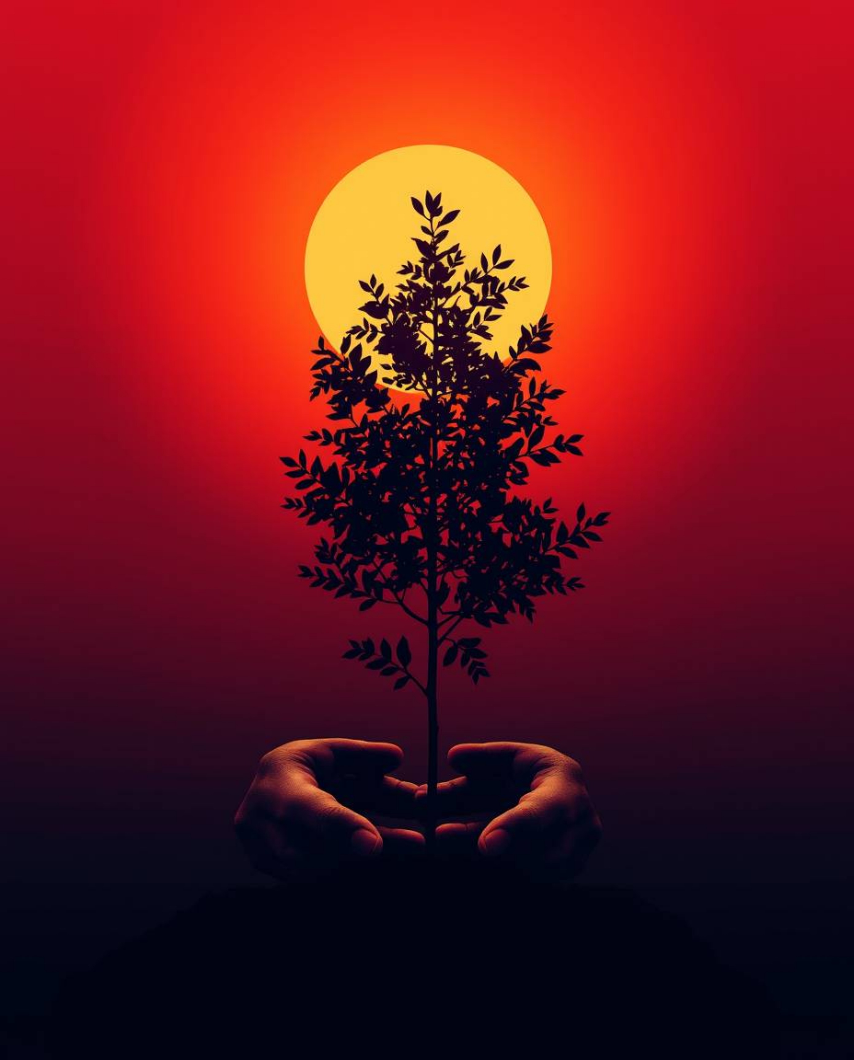 A sophisticated, elegant, and high-resolution stock photo depicting hands planting a tree beneath a breathtaking golden sky. 
