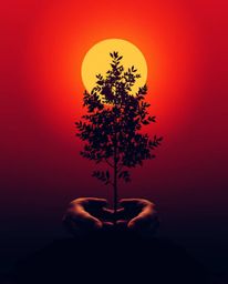 A sophisticated, elegant, and high-resolution stock photo depicting hands planting a tree beneath a breathtaking golden sky. 