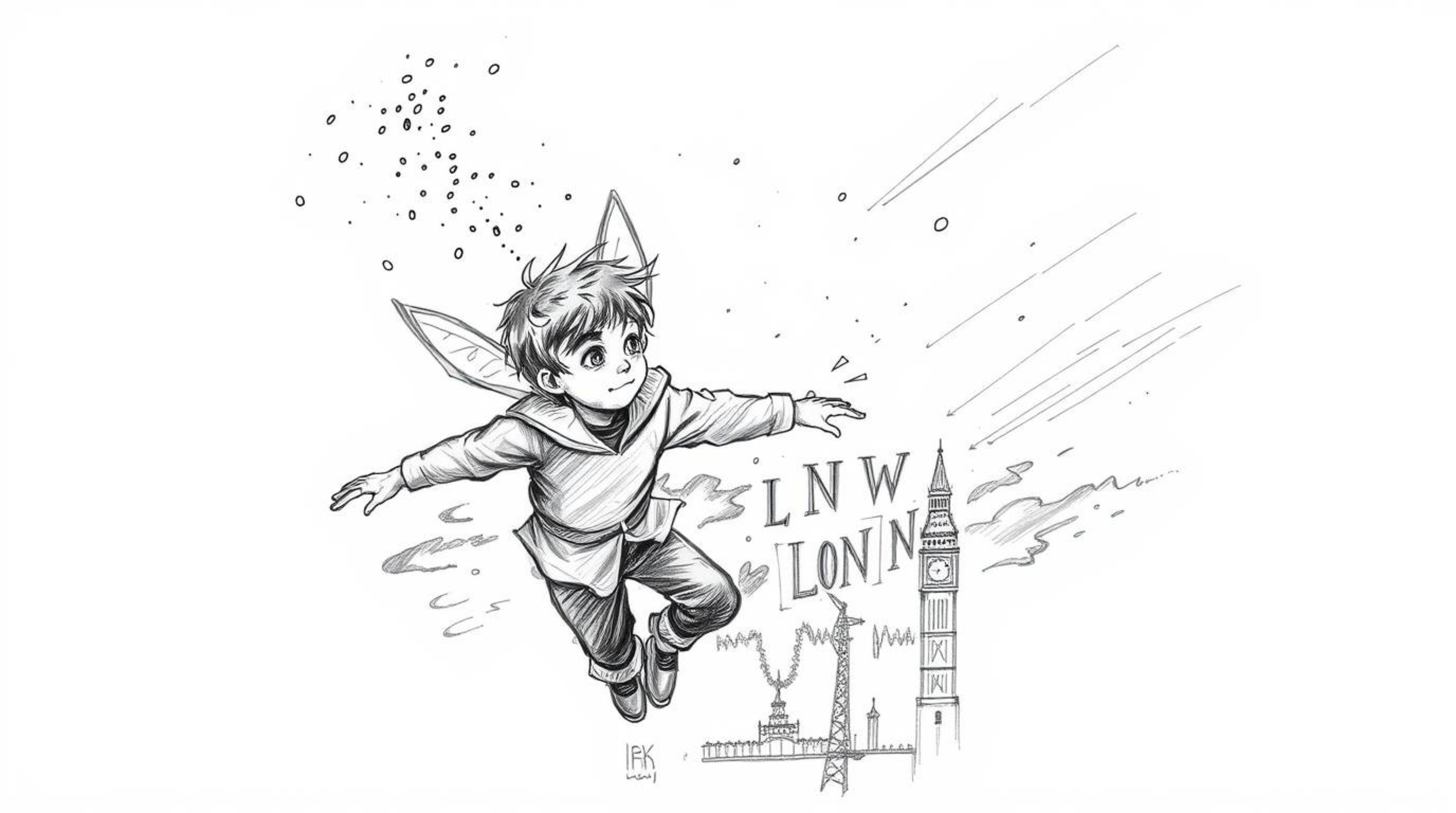 A captivating hand-drawn sketch depicts a young boy soaring above a dramatic London cityscape amidst a raging storm. Pixie du