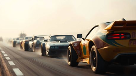 Experience a visually stunning and chaotic racing scene filled with outlandish cars. Sharply focused vehicles speed through a