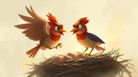 A dynamic digital sketch showcases two cartoon birds diligently constructing a nest, rendered in a classic animation style.