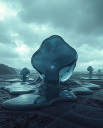 A surreal 3D rendering of melted glass forms set against a moody, hyperrealistic sci-fi backdrop. The scene features stormy s