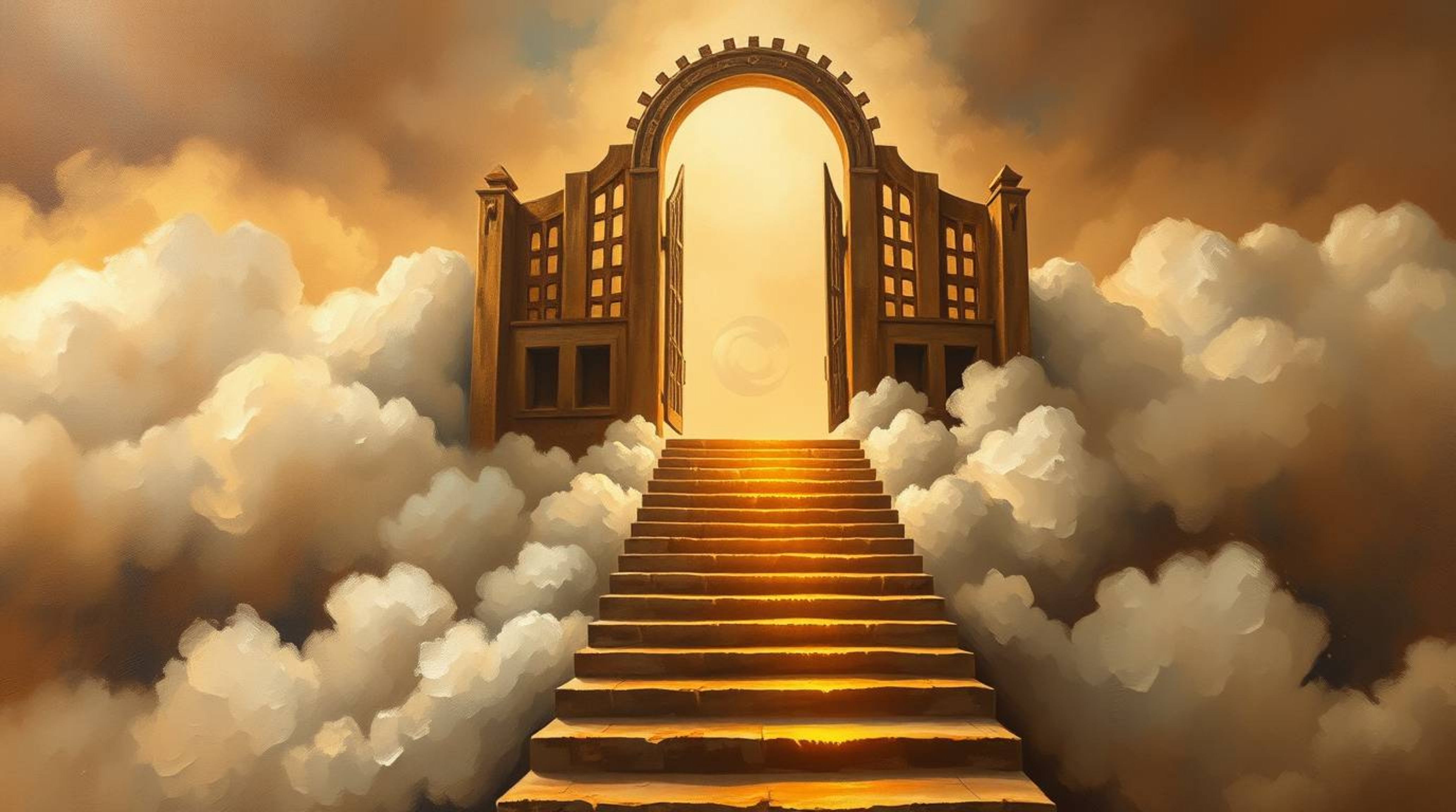 A classic oil painting depicting a heavenly gate floating above the clouds, with stairs ascending towards it. Golden light de