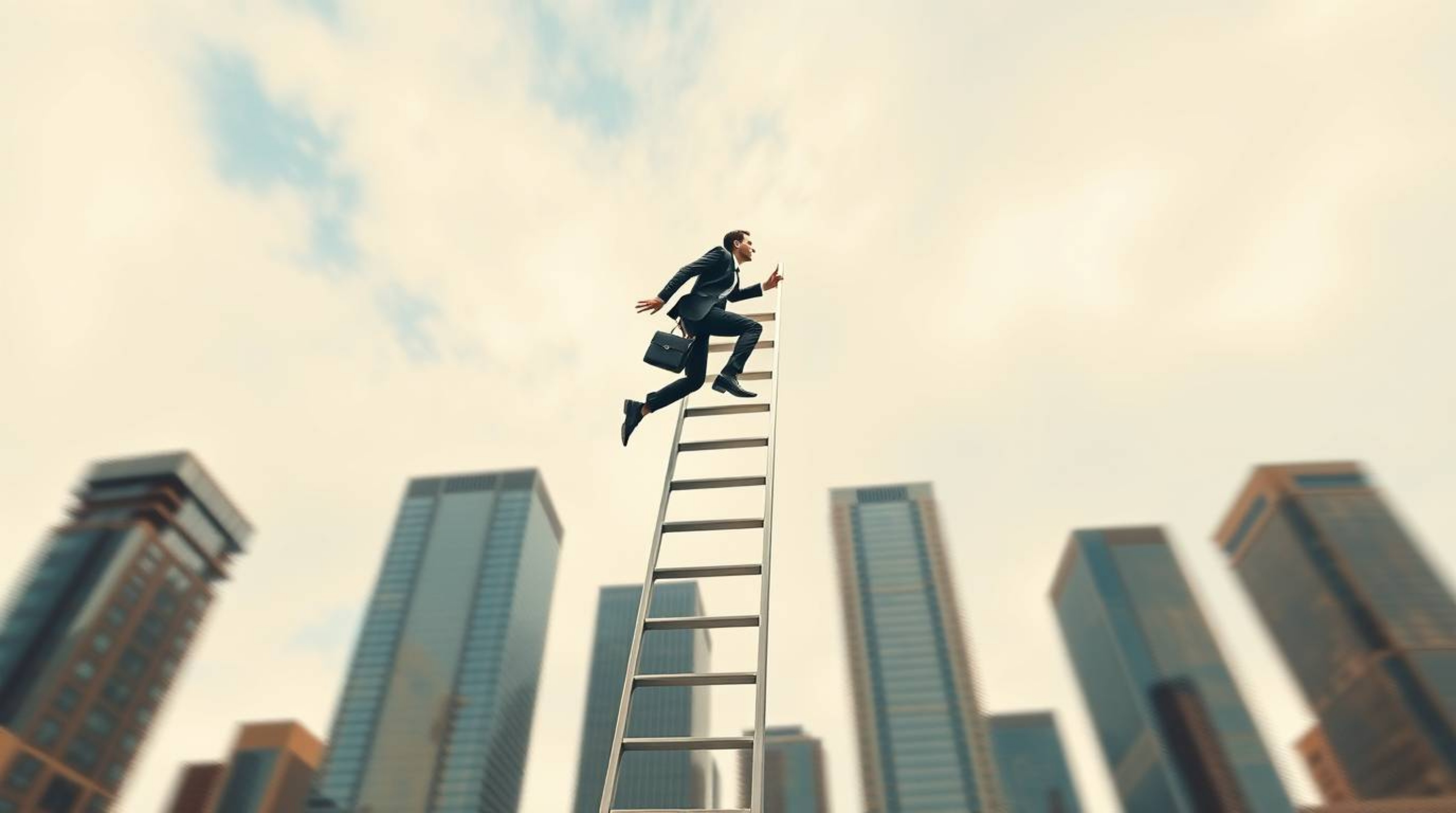 A dynamic abstract artwork portrays the concept of success.  A businessperson is depicted climbing a transparent ladder ascen