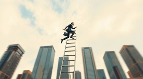 A dynamic abstract artwork portrays the concept of success.  A businessperson is depicted climbing a transparent ladder ascen
