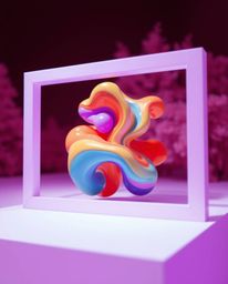 Explore a surreal infrared photograph showcasing vibrant 3D fluid shapes in dynamic interaction with precise geometric forms.