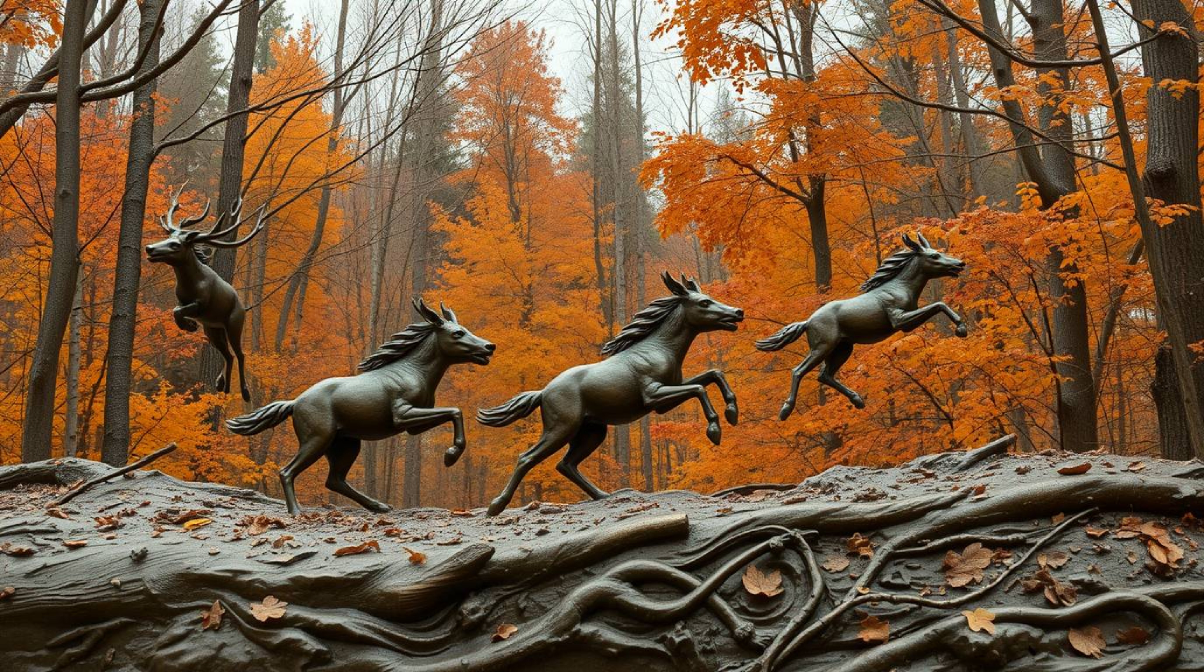 Experience a thrilling chase scene set against a captivating looping forest background. Rendered in bronze with a warm autumn