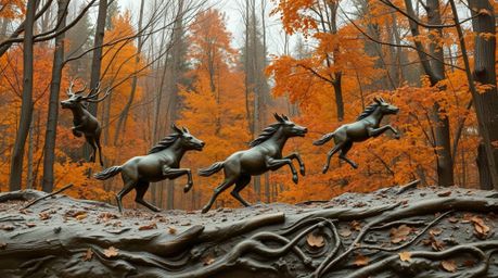 Experience a thrilling chase scene set against a captivating looping forest background. Rendered in bronze with a warm autumn