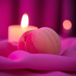 A close-up ASMR aesthetic showcasing a soft, blushing pink peach resting on silky pastel pink fabric. The image features a me