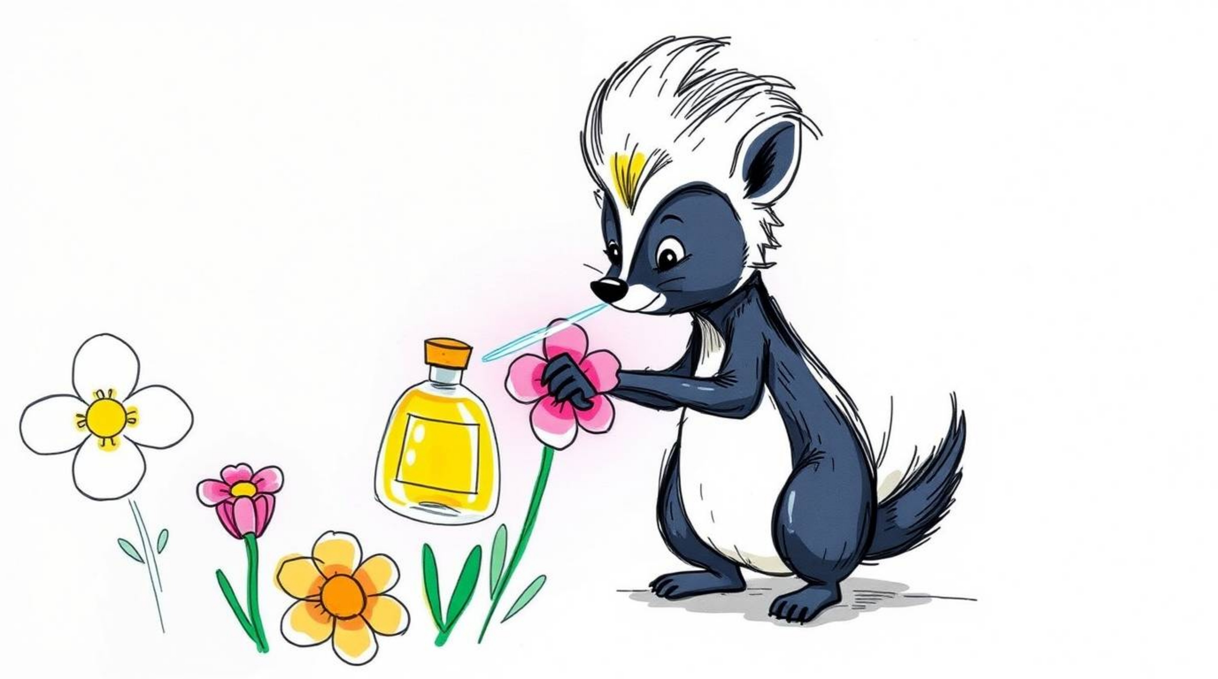 This artwork showcases a whimsical hand-drawn sketch of a cartoon skunk playfully spraying perfume on flowers. Rendered in a 