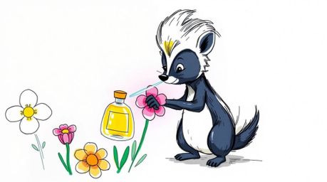 This artwork showcases a whimsical hand-drawn sketch of a cartoon skunk playfully spraying perfume on flowers. Rendered in a 
