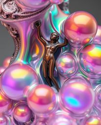 This antique patina finish cast bronze sculpture features mesmerizing, iridescent colors overlaid onto floating 3D blobs of f