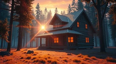 Experience a modern and futuristic take on a classic scene: a massive old wooden cabin nestled deep within a forest at sunset