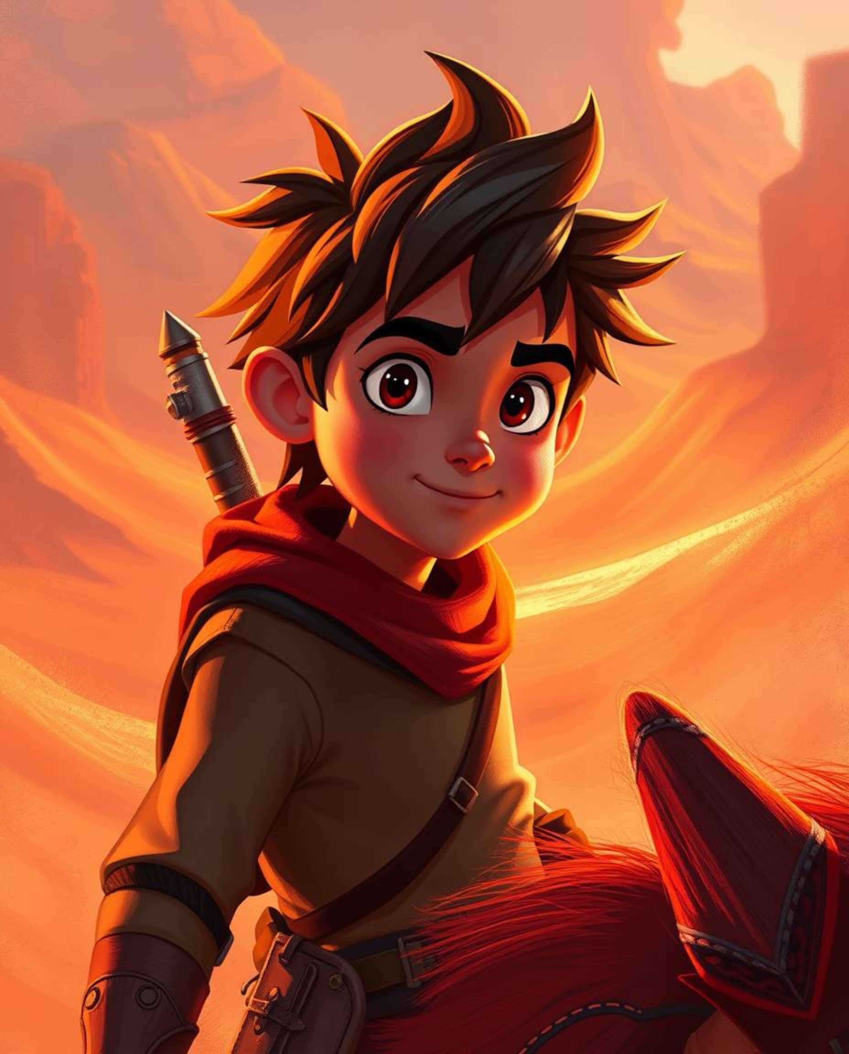 Embark on a breathtaking desert adventure with a Disney-style hero brought to life in a cinematic digital painting. The scene