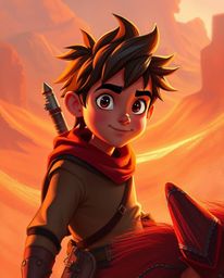 Embark on a breathtaking desert adventure with a Disney-style hero brought to life in a cinematic digital painting. The scene