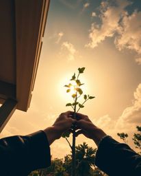 A stunning architectural color photograph depicts hands carefully planting a tree against a vibrant golden sky.  The image sh