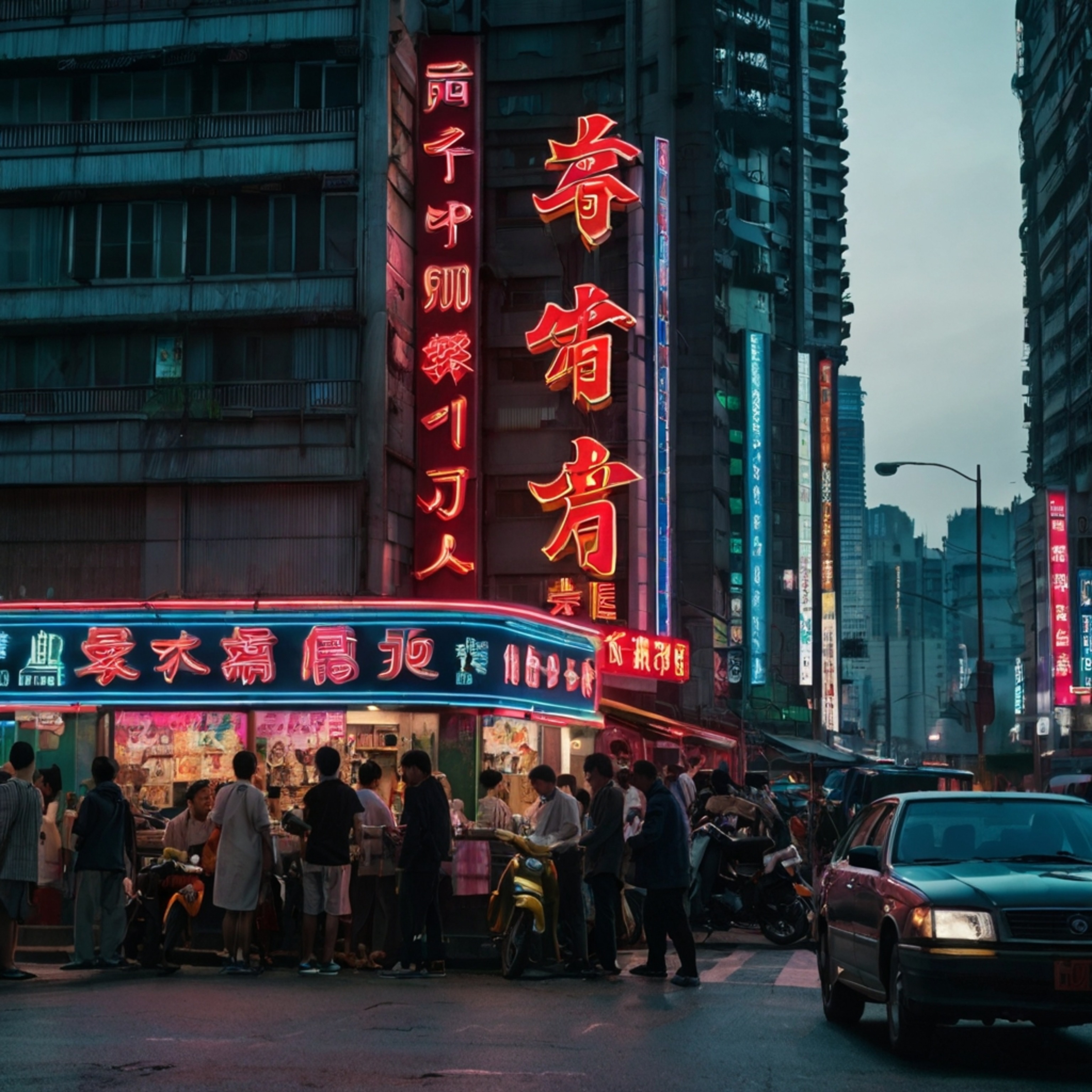 Experience the vibrant energy of a bustling street in a modern Asian megacity. Neon signs illuminate the towering high-rise b