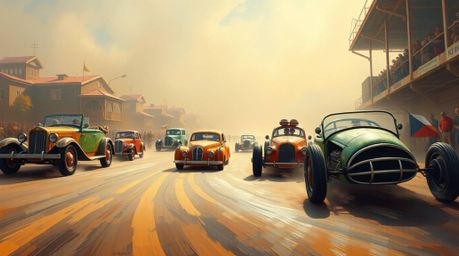 Experience the thrill of a wacky race in this classic oil painting style artwork. The scene features outlandish cars speeding